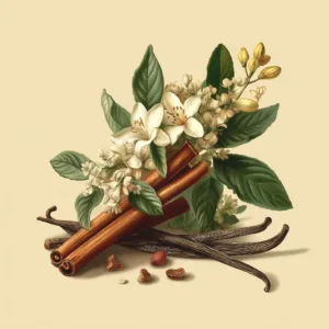 Vintage botanical illustration of cinnamon sticks and vanilla pods with green leaves and white flowers against a light background.