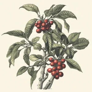 Vintage naturalist-style illustration featuring coffee botanicals