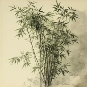 Vintage-style botanical illustration feturing Himilayan bamboo stalks on a soft beige background.