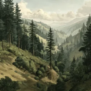 A naturalist style landscape illustration of a mountain valley checkered with area of pine forests along the landscape.