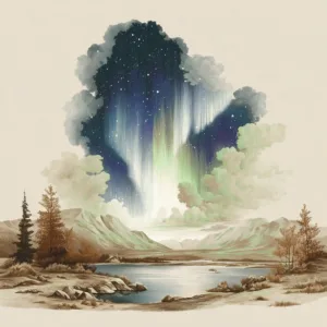 A naturalist style landscape illustration of a mountain lake with the night sky opening up to show a bright green and purple aurora borealis.