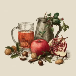 A vintage style illustration of Wassail drinks and ingredients