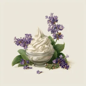 Vintage botanical-style illustration featuring lavender blossoms, and a bowl of white whipped cream.