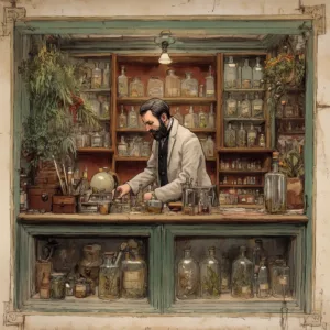 Hand-drawn vintage apothecary counter filled with jars, bottles, and wooden cabinetry in a naturalist illustration style.