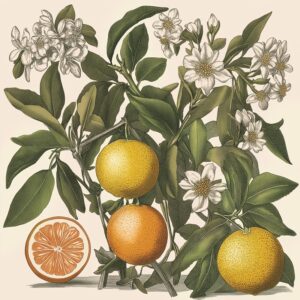 A vintage botanical illustration featuring a branch with bright orange and yellow citrus fruits, white blossoms, and dark green leaves. A cross-section of an orange fruit is shown in the bottom left.