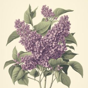 A vibrant botanical illustration featuring multiple clusters of fragrant purple lilac blossoms and large green leaves on branches, set against a light cream background.