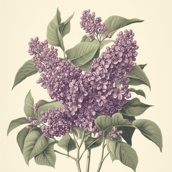 A vibrant botanical illustration featuring multiple clusters of fragrant purple lilac blossoms and large green leaves on branches, set against a light cream background.
