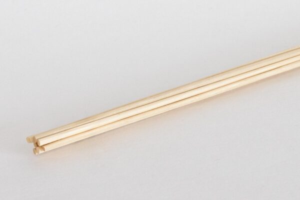 Set of natural rattan reed diffuser sticks laid flat on a white background.