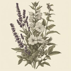Vintage-style botanical illustration featuring white sage, lavender, and floral elements on a soft beige background.