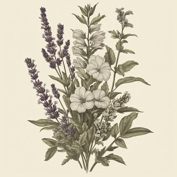 Vintage-style botanical illustration featuring white sage, lavender, and floral elements on a soft beige background.